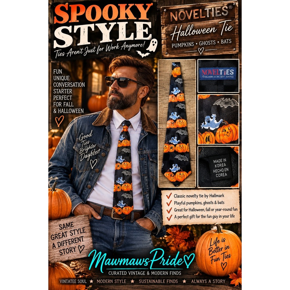 Hallmark Novelties Mens Halloween Tie Black Orange Pumpkins Ghosts Bats Novelty
